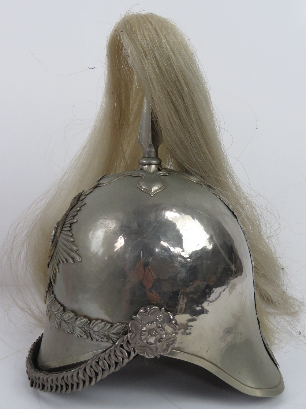 A 19th century silvered polished steel Hampshire Yeomanry helmet with white horsehair plume, - Image 4 of 8