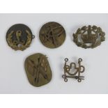 Five brass arm badges including; Signals, Farriers, etc.