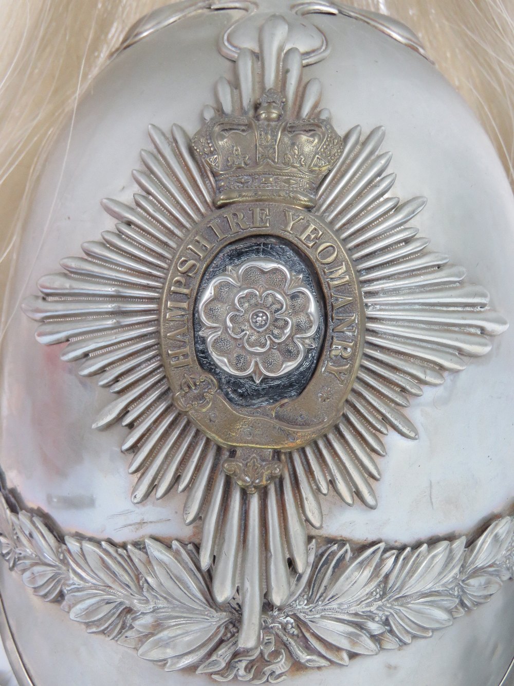 A 19th century silvered polished steel Hampshire Yeomanry helmet with white horsehair plume, - Image 2 of 8