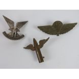 Three assorted badges including; scouts, paratroopers,