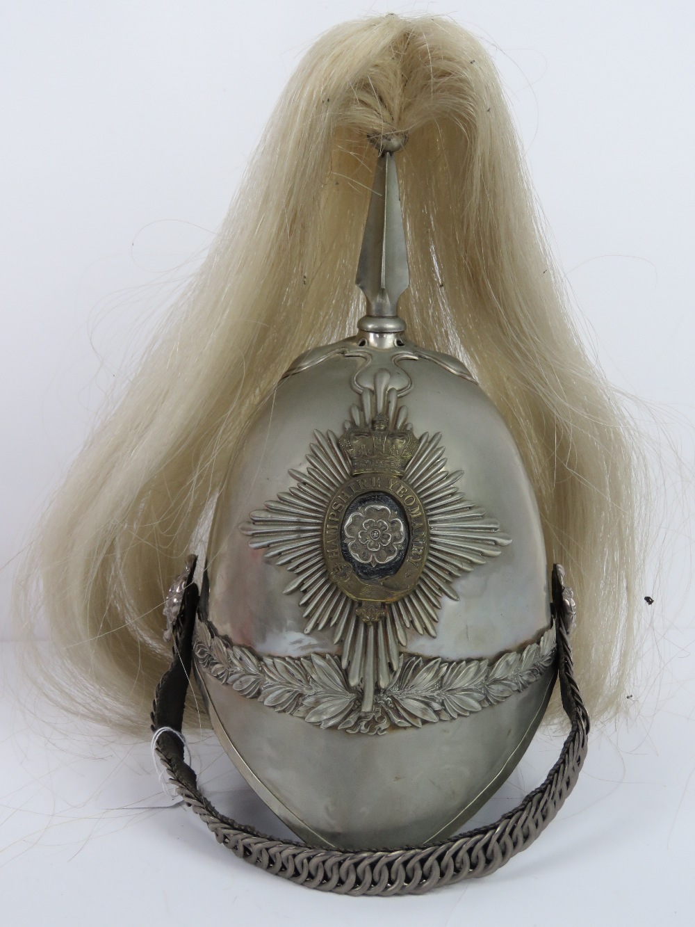 A 19th century silvered polished steel Hampshire Yeomanry helmet with white horsehair plume,