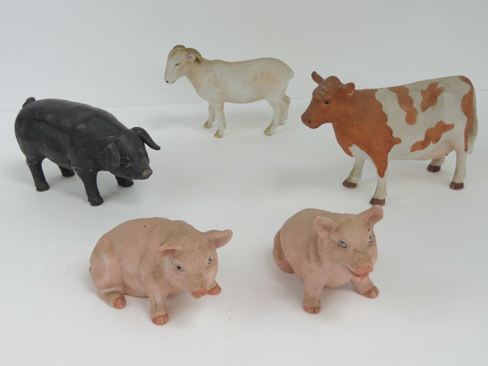 Five ceramic animals including cow, goat