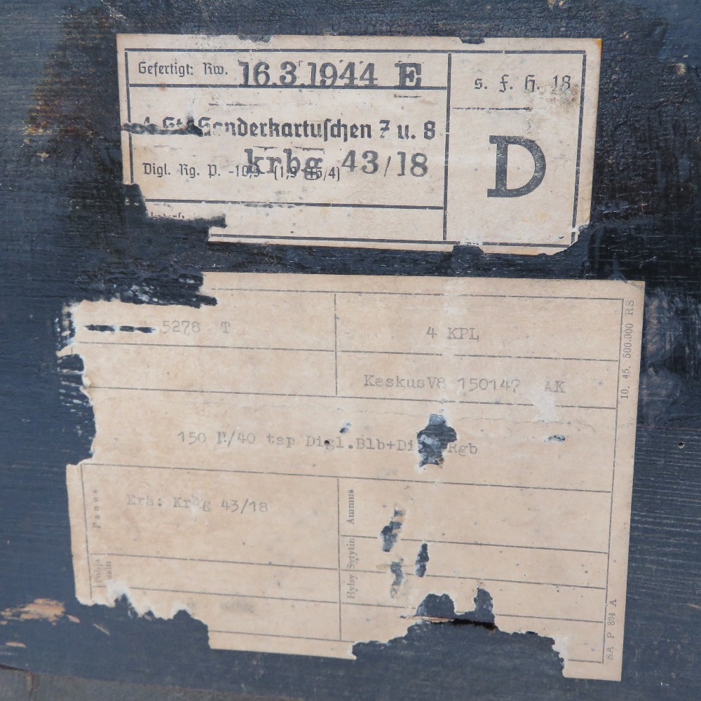 A WWII German Flak 18 powder case, dated 1944, having German stencilling and packing labels upon. - Image 3 of 4