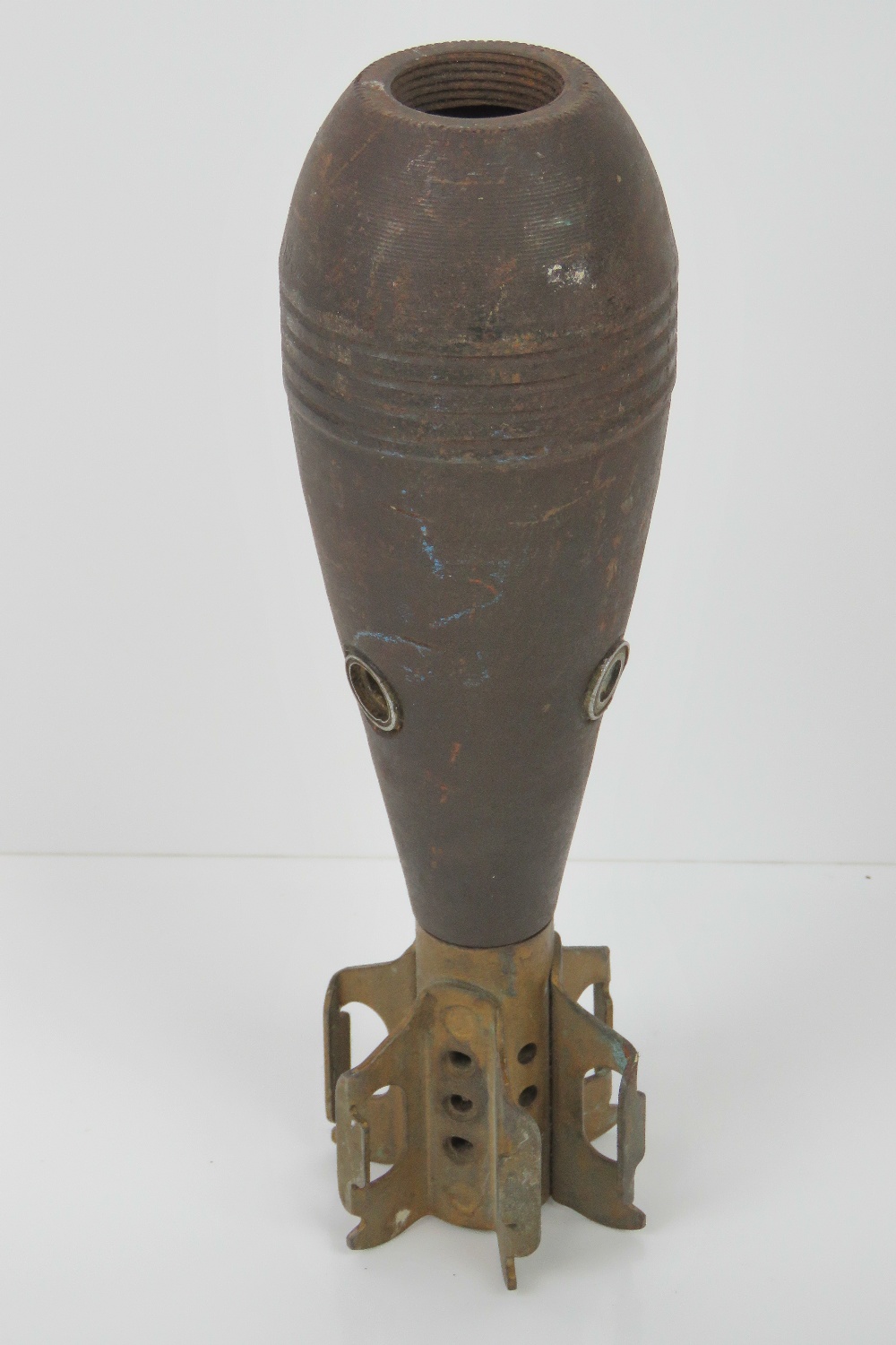 An inert WWII Russian Military 80mm type 100 high explosive long range mortar round with guide fins,