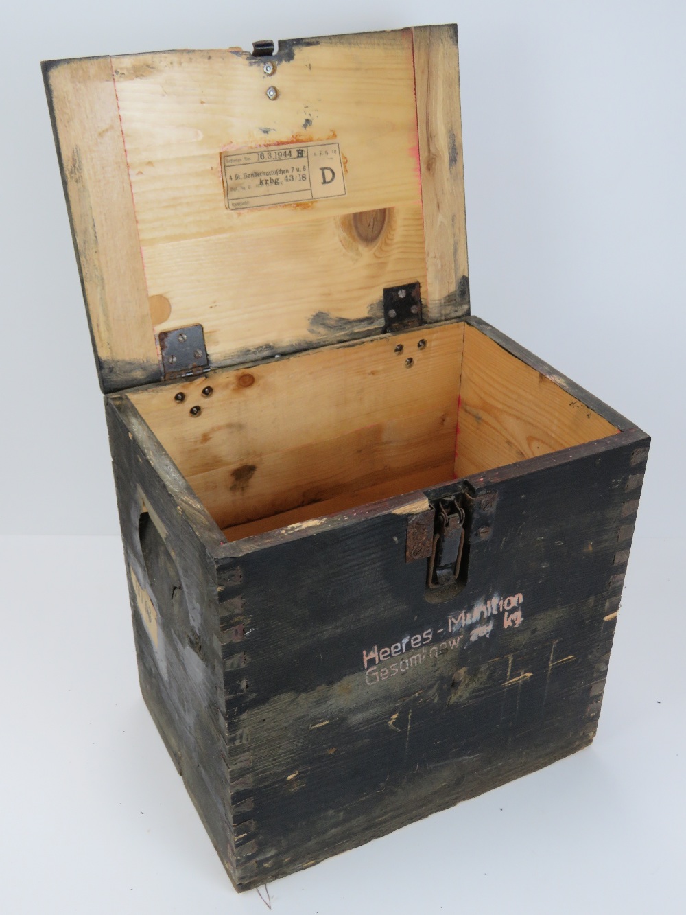 A WWII German Flak 18 powder case, dated 1944, having German stencilling and packing labels upon. - Image 4 of 4