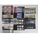 Seven Royal Mail mint presentation pack stamps with matching stamp sets;