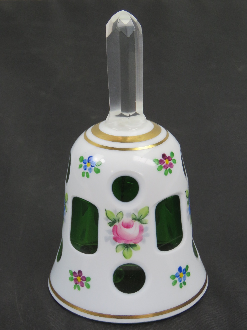 A delightful hand painted overlaid glass bell, 13cm high.