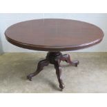 A late Victorian oval tilt top table raised over single turned stem terminating in four outswept