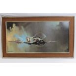 Print; Spitfire by Barrie A.F. Clark, produced by Signature Prints 1978, 100 x 50cm, framed.