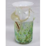 An unusual heavy overlaid Art Glass open necked vase in mottled greens and browns upon a white