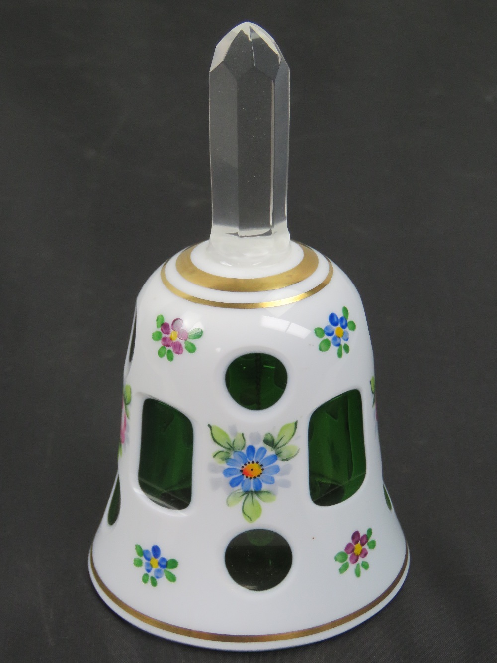 A delightful hand painted overlaid glass bell, 13cm high. - Image 2 of 2