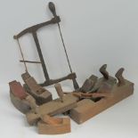 A quantity of vintage jack planes, rabbiting planes, clamp, spoke shave, saw, etc.