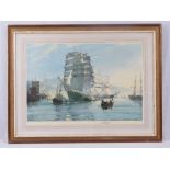 A fine maritime print, master ship under tow by Montague Dawson,