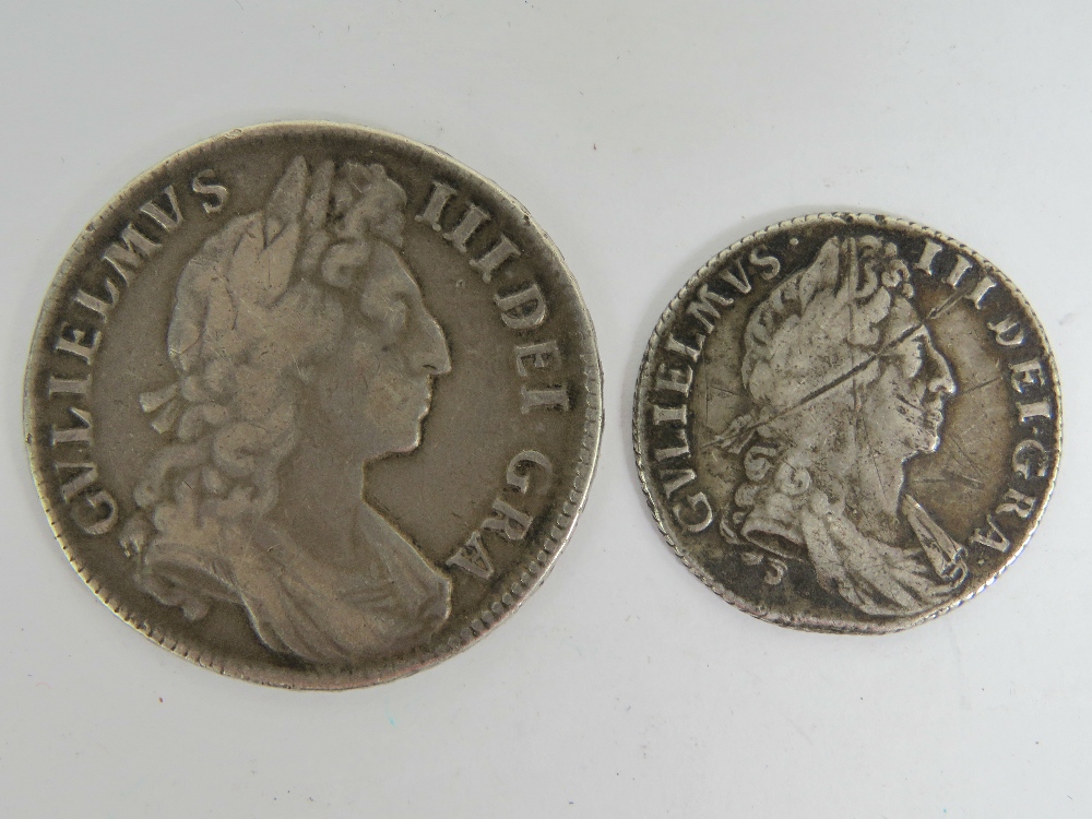 A silver William III 1701 half crown, 34mm dia, 14.6g, in good condition.