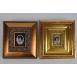 Two miniature enamelled portraits each mounted in gilded frame, each measuring approx 4.3 x 3.3cm.