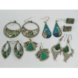 Four pairs of white metal and abalone shell earrings,