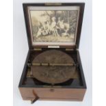 A rare 19th century walnut cased box symphonion lid lifting to reveal and original 10" (25cm) disc