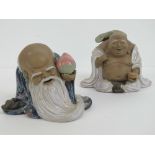 Two contemporary glazed pottery Oriental figurines being a Happy Buddha and Shou Lao,