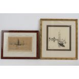 Two boating themed etchings each signed indistinctly, 15 x 25cm and 23 x 22cm respectively.