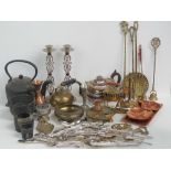 A quantity of assorted metalwares including cutlery, copper trays, silver plated tea pot,