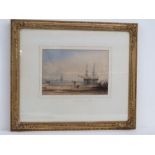 Watercolour; early 19th century maritime scene at low tide, fishermen on shore,