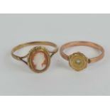 Two vintage 9ct gold rings, one having oval cameo, size S, the other with seed pearl, size N.