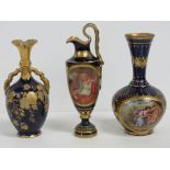 Three assorted cobalt blue ground gilded and hand painted items comprising a single ewer and two