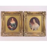 A pair of contemporary printed 'furnishing' portraits in deep gilt effect frames.