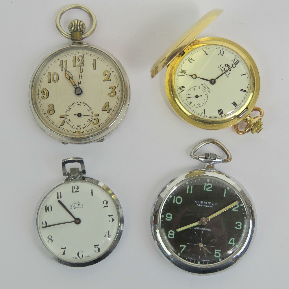 A nickel plated open face pocket watch, top winding, blued steel hands and subsidiary seconds dial,