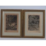 A pair of monochromatic prints, Heron beside river and rabbit beside fence respectively,