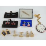 Six pairs of cufflinks together with a Stratton tie clip in original box and a Peter Trevor & Co