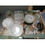 A large quantity of assorted glassware including plates, trays, cake stand, vases, etc.