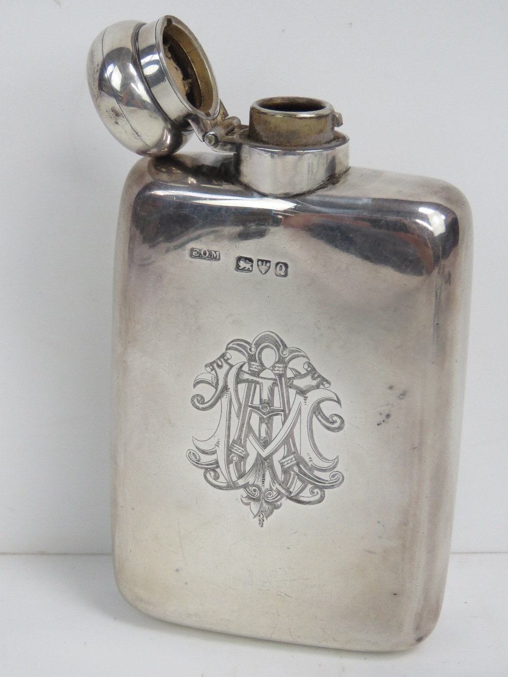 A HM silver lidded flask having screw top and engraved monogram upon, hallmarked Chester. - Image 3 of 3