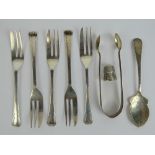 A set of five HM silver cake forks hallmarked Birmingham, together with a HM silver preserve spoon,