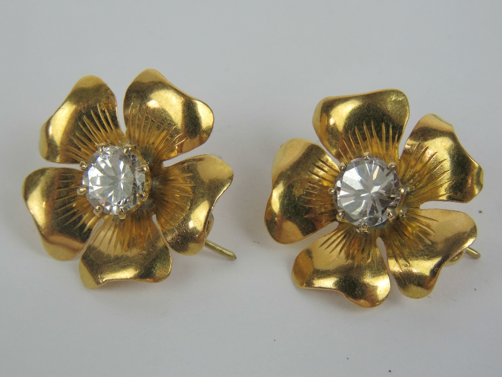 A pair of floral earrings each having five petals and central claw set moissanite, each approx 0. - Image 2 of 2