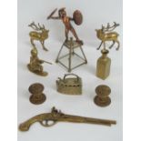 A quantity of assorted brass wares including a pair of stag table decorations,