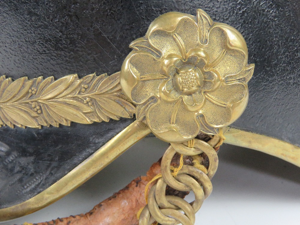 An early 20th century Edward VII Kings Own Norfolk Imperial Yeomanry leather helmet having gilt - Image 2 of 14