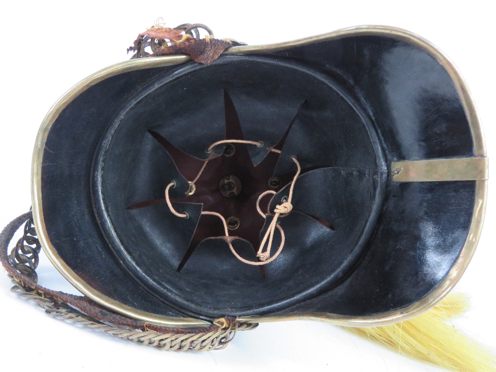 An early 20th century Edward VII Kings Own Norfolk Imperial Yeomanry leather helmet having gilt - Image 9 of 14