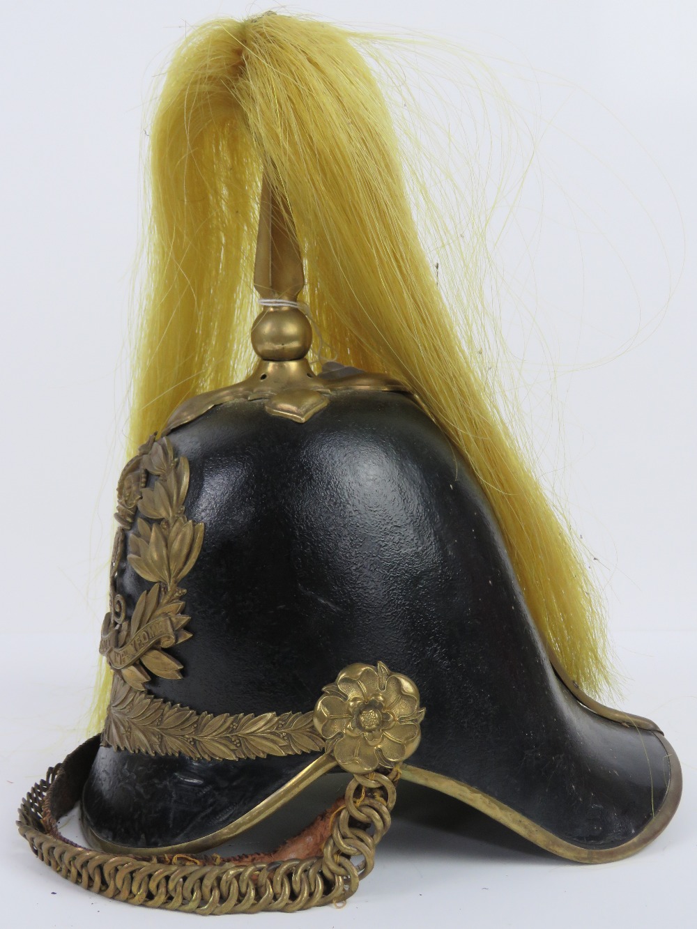 An early 20th century Edward VII Kings Own Norfolk Imperial Yeomanry leather helmet having gilt - Image 4 of 14