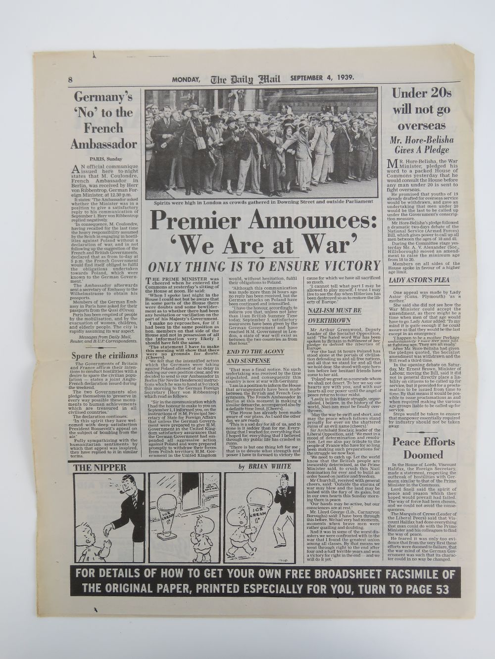 A copy of the Daily Mail Special 6am Edition 4th Sept 1939 (the morning after Britain declared war - Image 2 of 4