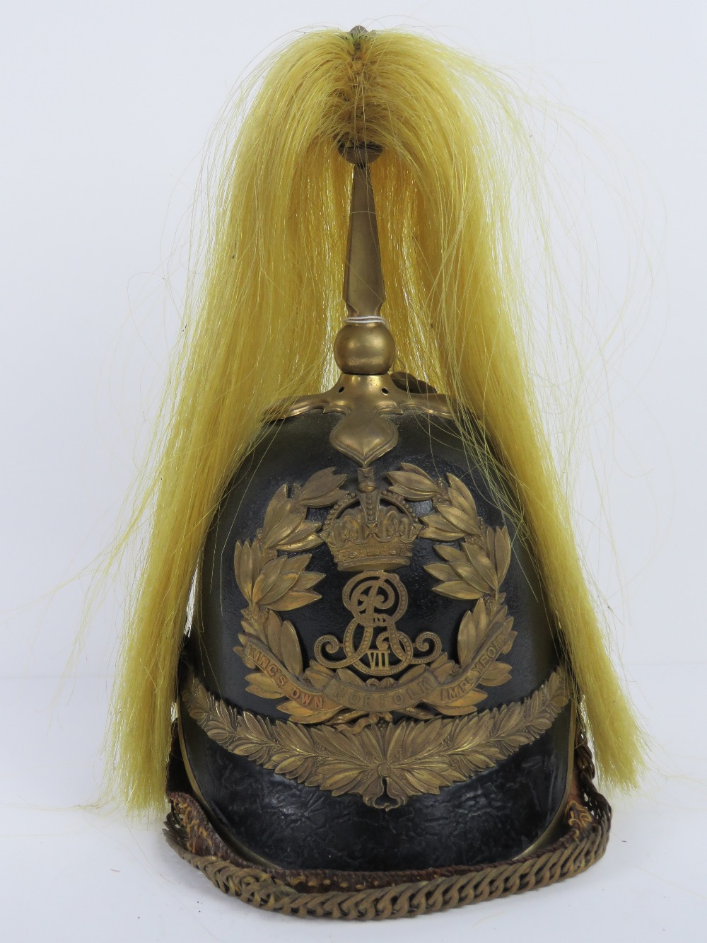 An early 20th century Edward VII Kings Own Norfolk Imperial Yeomanry leather helmet having gilt - Image 3 of 14