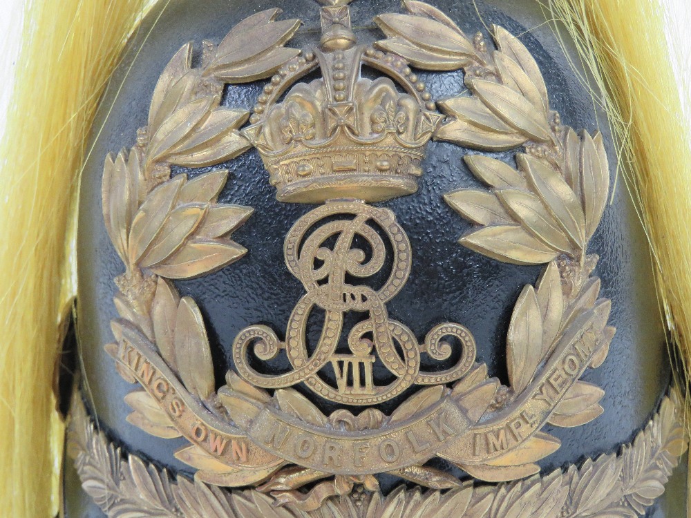 An early 20th century Edward VII Kings Own Norfolk Imperial Yeomanry leather helmet having gilt - Image 8 of 14
