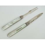 A Victorian HM silver and mother of pearl folding pocket knife and fork set.