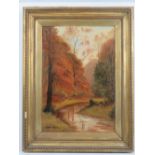 Oil on canvas; 'Autumn Afternoon' depicting river and trees,