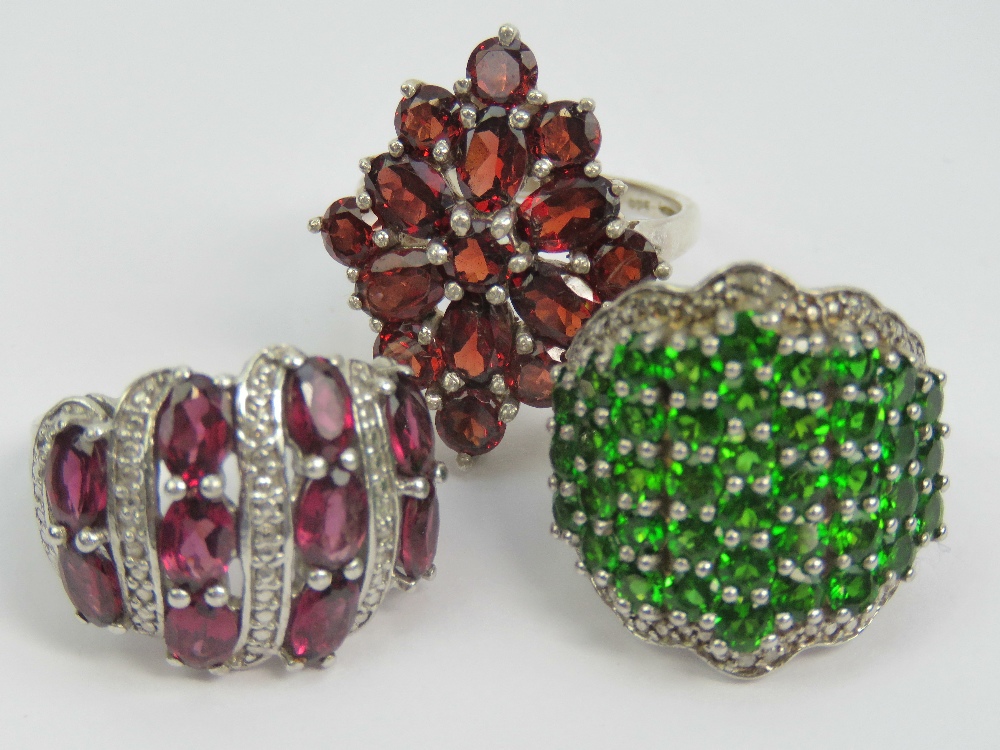 Three large and impressive silver cocktail rings; diopside cluster hallmarked 925 size N,