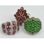 Three large and impressive silver cocktail rings; diopside cluster hallmarked 925 size N,