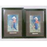 A pair of c1930s cricketing themed cartoon prints, in matching frames, 37 x 24cm.