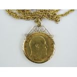 A 22ct gold Edward VII 1908 full sovereign, 8g, in 9ct gold pendant mount on a 9ct gold chain,