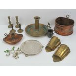 A quantity of assorted metalware including copper wall mounted planter,