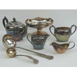 A three-piece silver plated tea set, together with a Mappin and Webb silver plated fruit bowl,